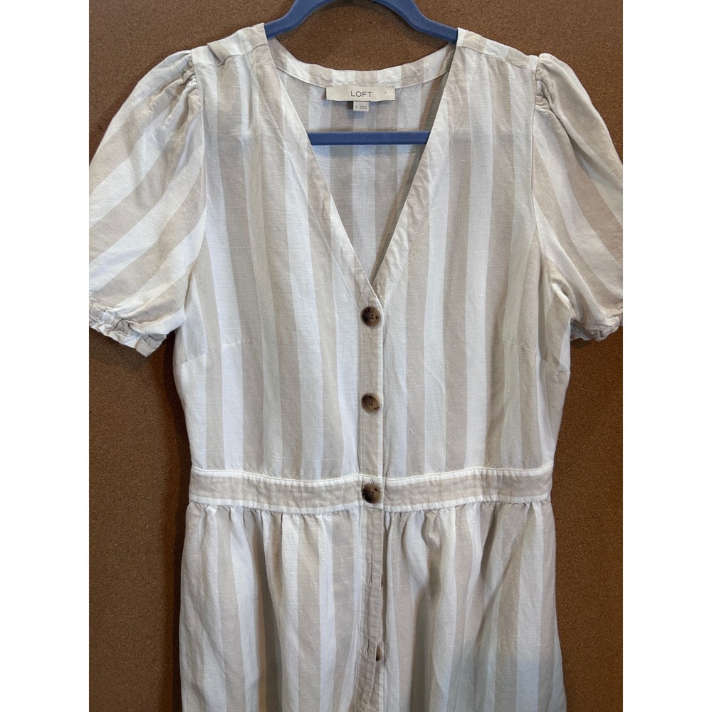 LOFT Striped Button Front Dress Womens 8 Beige White Puff Sleeve Excellent - Picture 2 of 6